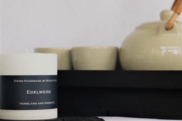 Handicraft scented candle by Schulthess Kerzen from Switzerland. White color with soft and fresh Edelweiss
